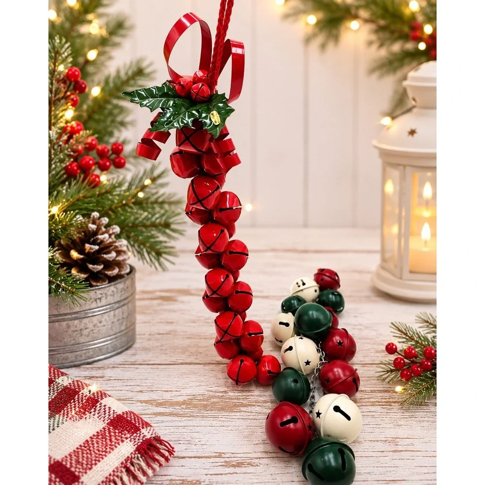 Vintage Christmas Jingle Bell Door Hanger Lot Red Green White Metal Holiday